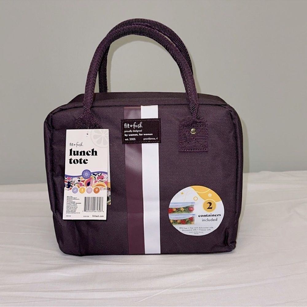fit + fresh Bloomington Plum Stripe Lunch Tote Bag w/ Handles 1L Containers x 2